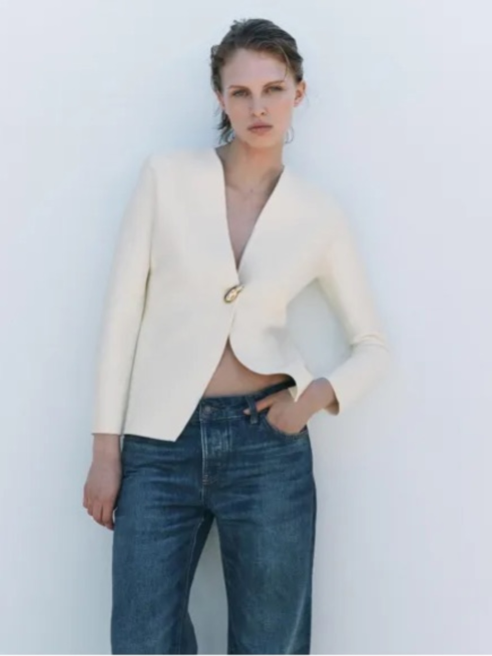 ZARA Cream knit V-Neck Gold-Button Jacket. S NWT